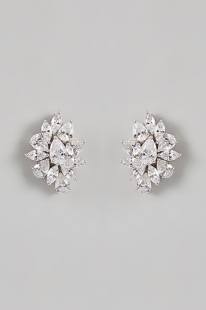 White Finish Zircon Floral Stud Earrings In Sterling Silver by Diosa Paris Jewellery at Pernia's Pop Up Shop