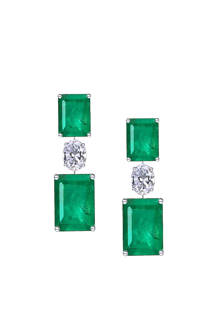 White Finish Emerald-Cut Swaorvski Zirconia & Emerald Stone Dangler Earrings In Sterling Silver by Diosa Paris Jewellery at Pernia's Pop Up Shop