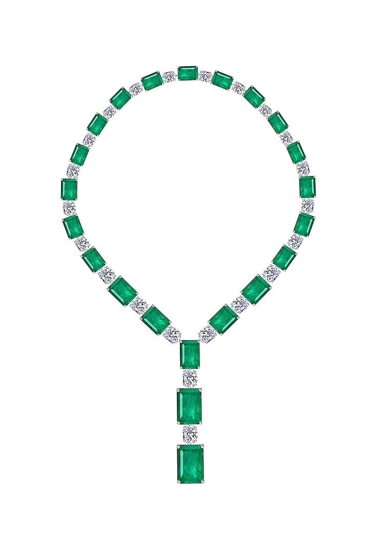 White Finish Emerald Stone & Oval-Shaped Swarovski Zirconia Pendant Necklace In Sterling Silver by Diosa Paris Jewellery at Pernia's Pop Up Shop