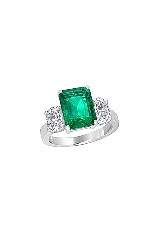 White Finish Emerald Stone & Swarovski Zirconia Ring In Sterling Silver by Diosa Paris Jewellery