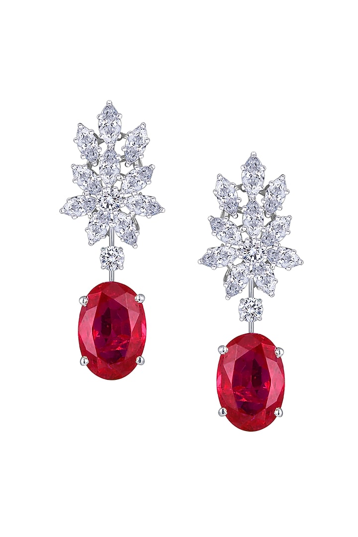 White Finish Ruby Stone & Swarovski Zirconia Dangler Earrings In Sterling Silver by Diosa Paris Jewellery at Pernia's Pop Up Shop