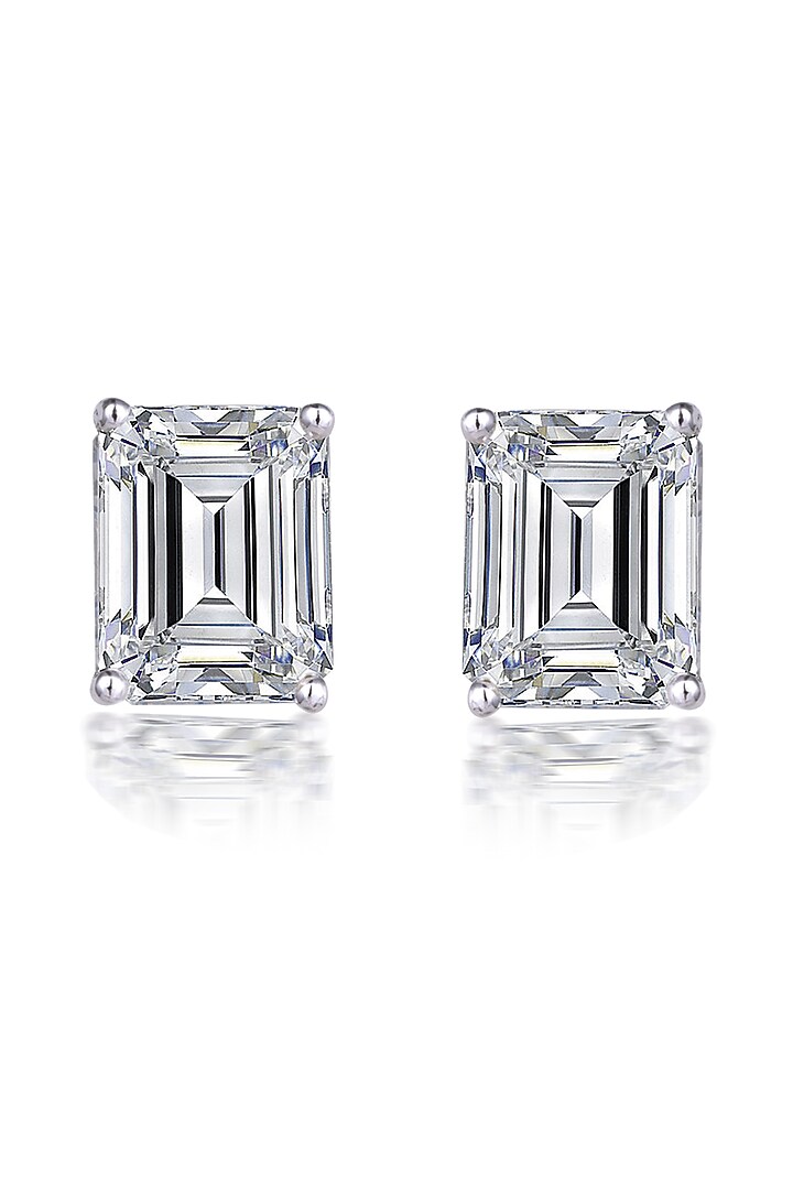 White Finish Emerald-Shaped Swarovski Zirconia Stud Earrings In Sterling Silver by Diosa Paris Jewellery at Pernia's Pop Up Shop