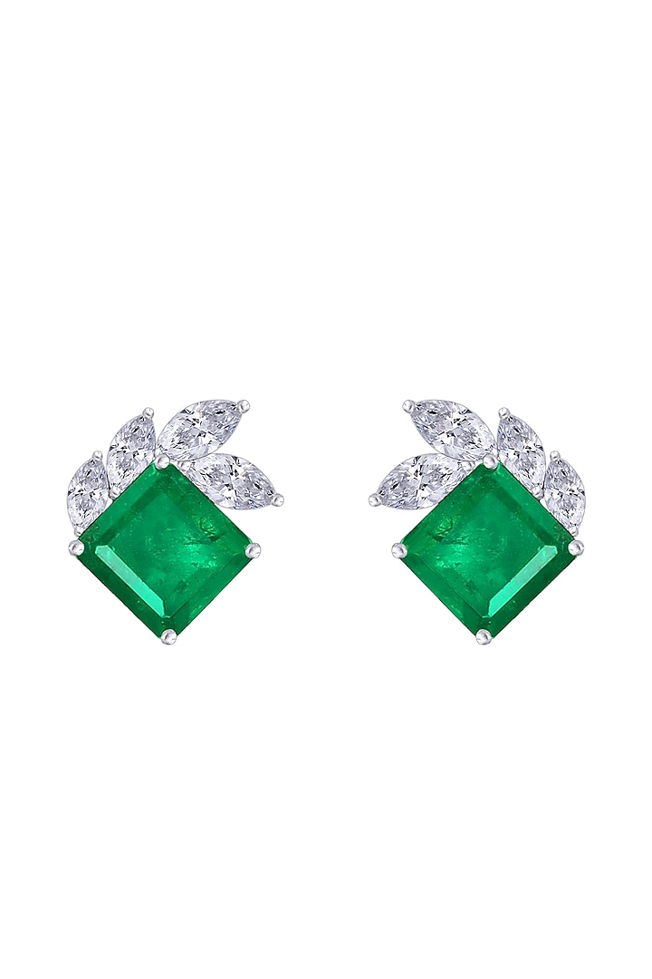 White Finish Mix-Shaped Emerald Stone & White Swarovski Zirconia Earclips In Sterling Silver by Diosa Paris Jewellery at Pernia's Pop Up Shop