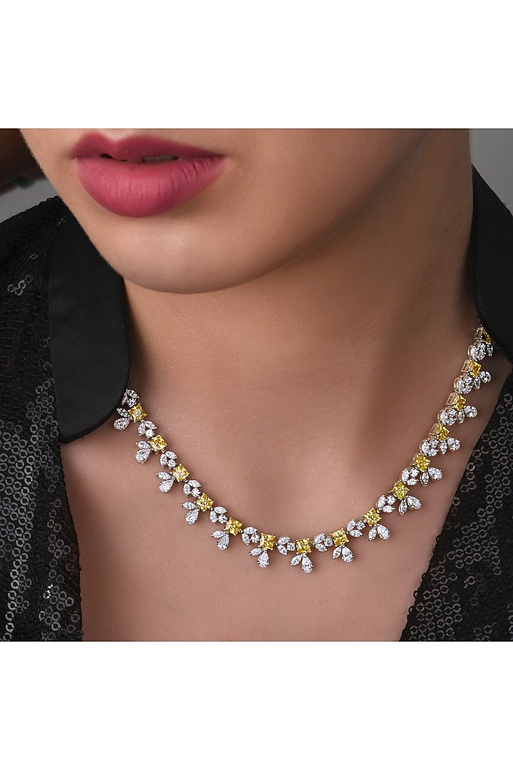White Finish Yellow & White Swarovski Zirconia Necklace In Sterling Silver by Diosa Paris Jewellery at Pernia's Pop Up Shop