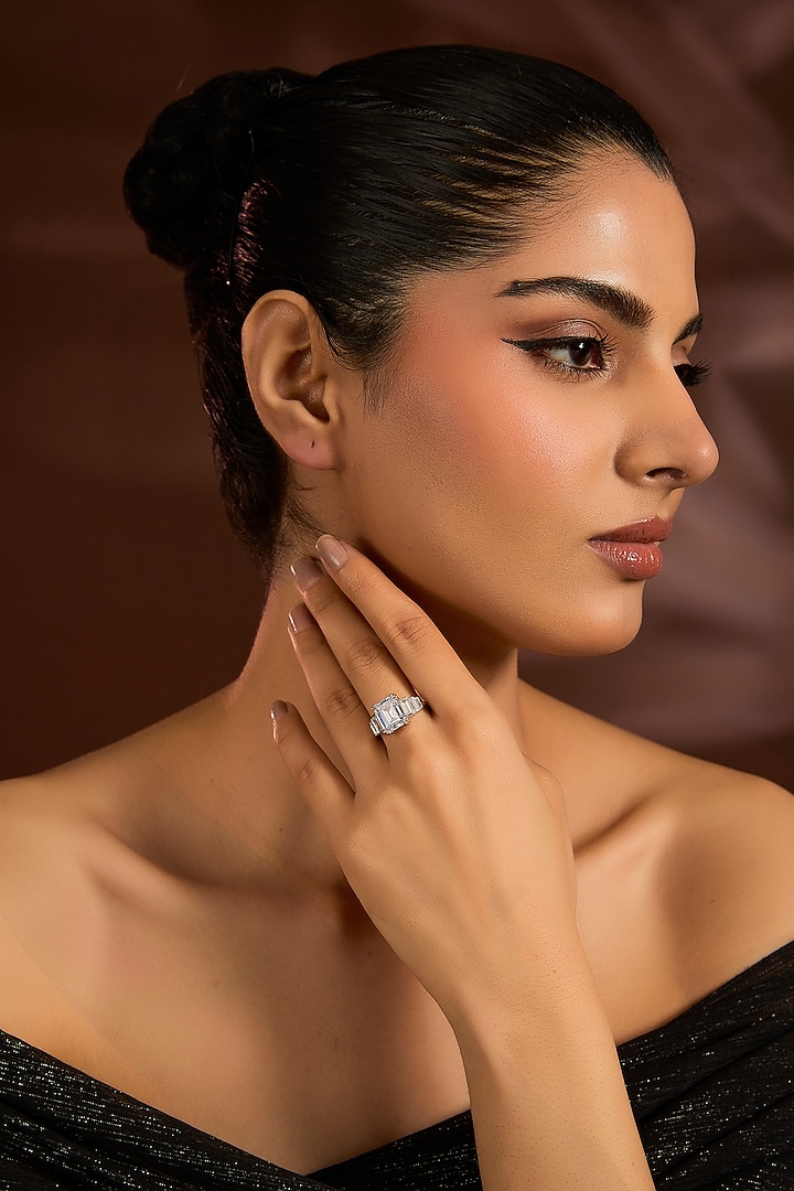 White Finish White Stone Ring In Sterling Silver by Diosa Paris Jewellery at Pernia's Pop Up Shop