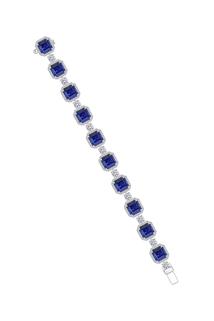 White Finish Sapphire Stone & Swarovski Zirconia Cuff Bracelet In Sterling Silver by Diosa Paris Jewellery at Pernia's Pop Up Shop