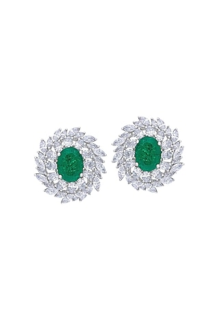 White Finish Oval-Cut Swarovski Zirconia & Emerald Stone Stud Earrings In Sterling Silver by Diosa Paris Jewellery