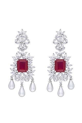 White Finish Ruby Stone & Swarovski Zirconia Chandelier Earrings In Sterling Silver by Diosa Paris Jewellery