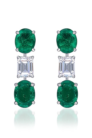 White Finish Oval-Shaped Emerald Stone & Swarovski Zirconia Earrings In Sterling Silver by Diosa Paris Jewellery