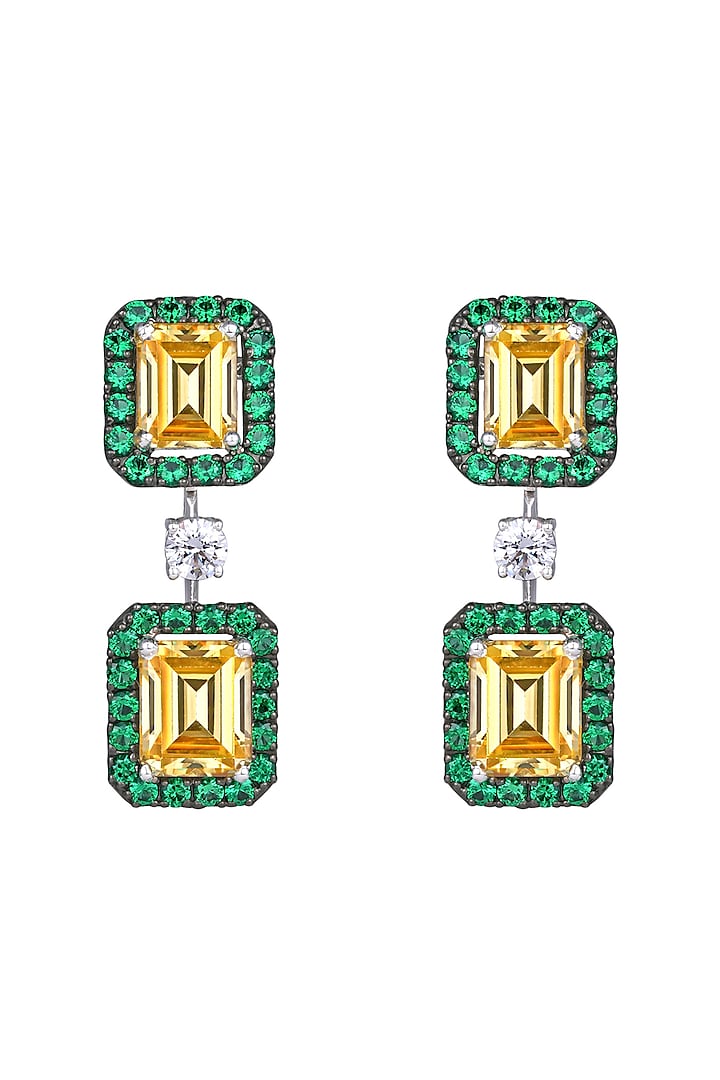 White Finish Green & Yellow Swarovski Zirconia Dangler Earrings In Sterling by Diosa Paris Jewellery at Pernia's Pop Up Shop