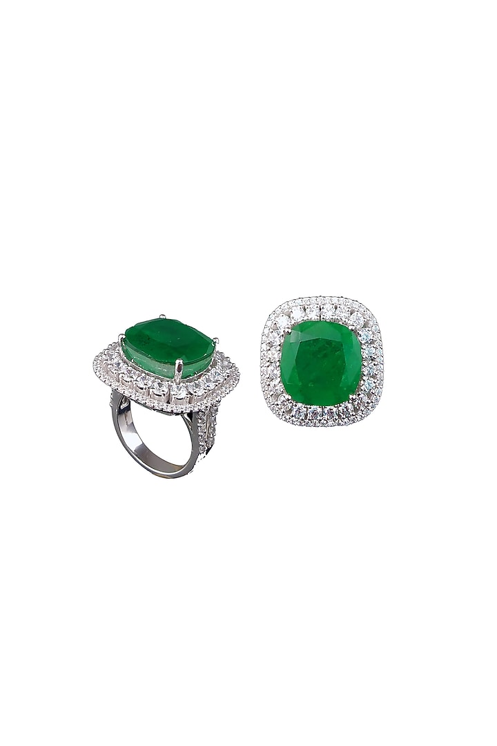 White Rhodium Finish Green Swarovski Zirconia Ring In Sterling Silver by Diosa Paris Jewellery at Pernia's Pop Up Shop