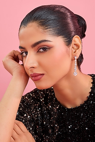 Silver Finish White Stone Dangler Earrings In Sterling Silver by Diosa Paris Jewellery