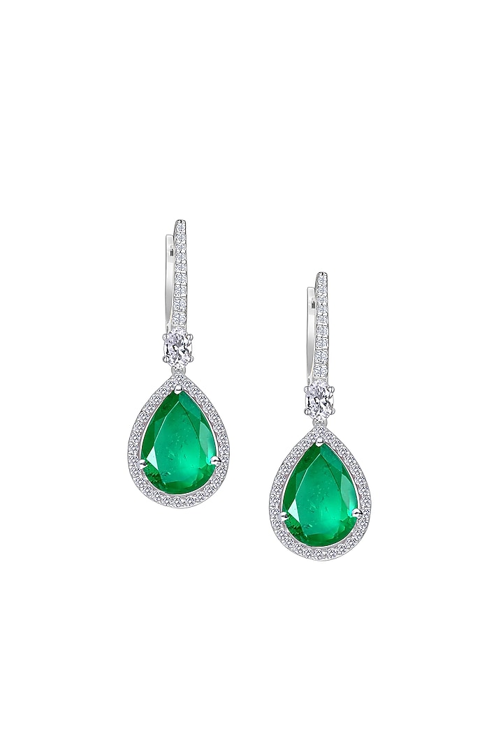 White Finish Pear-Cut Emerald Stone & Swarovski Zirconia Chandelier Earrings In Sterling Silver by Diosa Paris Jewellery at Pernia's Pop Up Shop