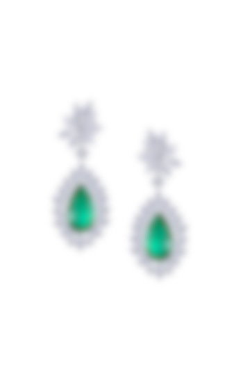 White Finish Pear-Cut Emerald Stone & Swarovski Zirconia Chandelier Earrings In Sterling Silver by Diosa Paris Jewellery at Pernia's Pop Up Shop