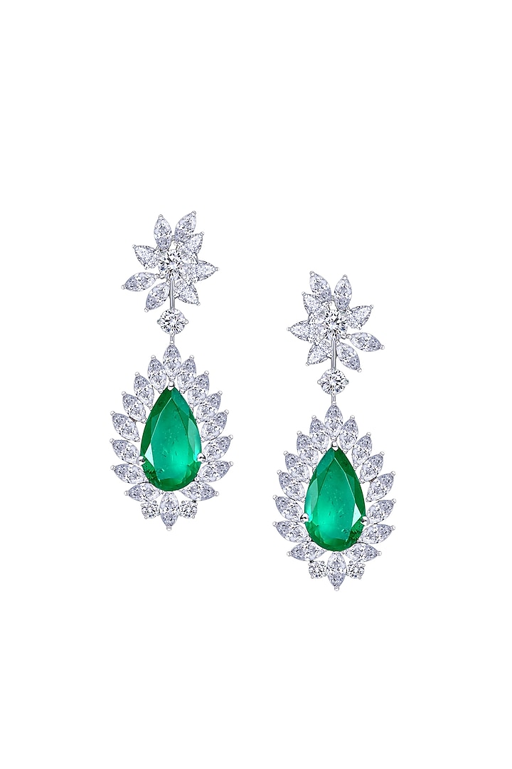 White Finish Pear-Cut Emerald Stone & Swarovski Zirconia Chandelier Earrings In Sterling Silver by Diosa Paris Jewellery at Pernia's Pop Up Shop