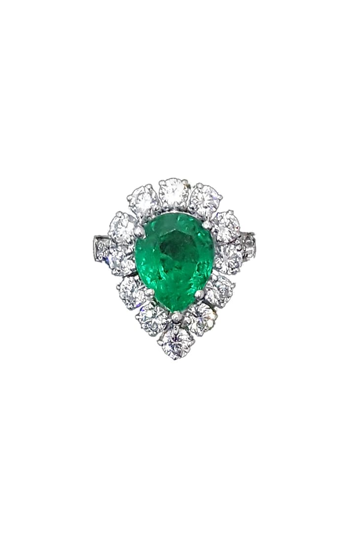 White Finish Pear-Cut Emerald Stone & Swarovski Zirconia Ring In Sterling Silver by Diosa Paris Jewellery at Pernia's Pop Up Shop