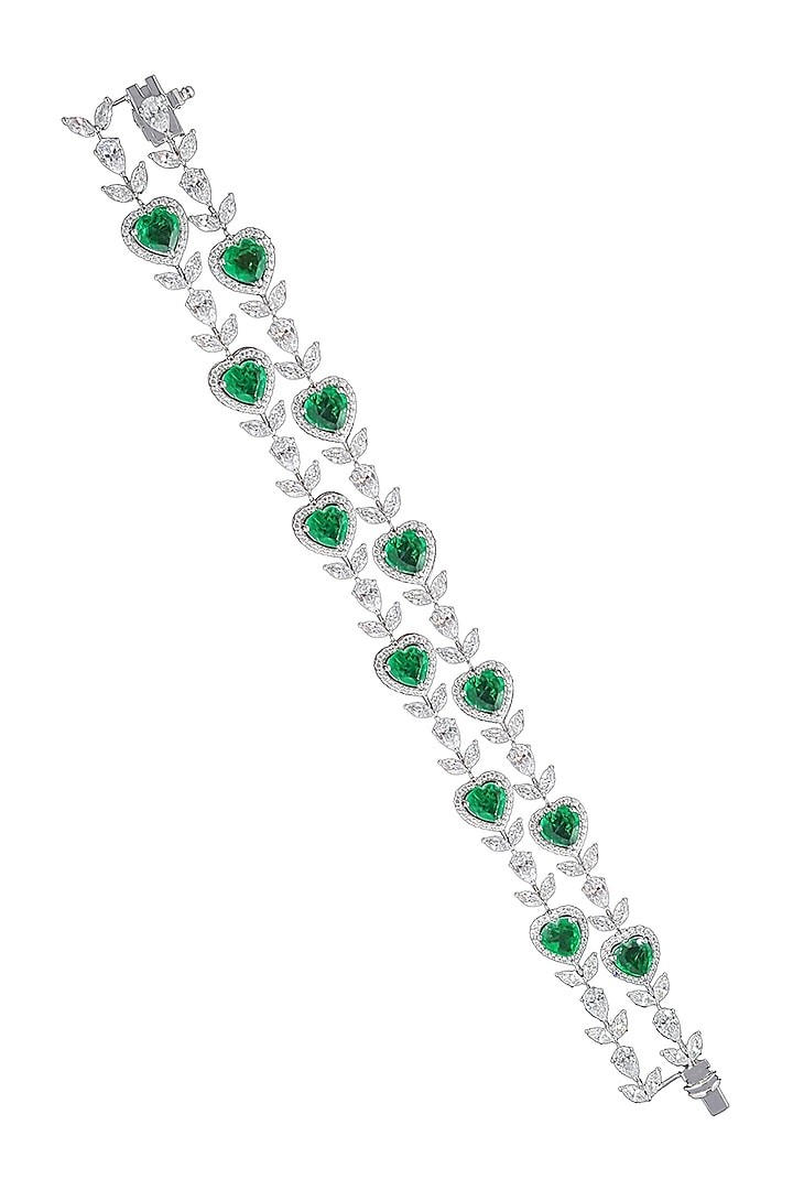 White Finish Emerald Stone & Mix-Shaped Swarovski Zirconia Cuff Bracelet In Sterling Silver by Diosa Paris Jewellery at Pernia's Pop Up Shop