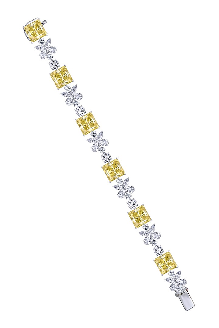 White Finish Yellow & White Swarovski Zirconia Cuff Bracelet In Sterling Silver by Diosa Paris Jewellery at Pernia's Pop Up Shop