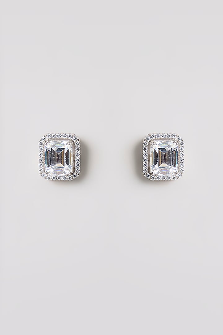 White Finish White Stone Stud Earrings In Sterling Silver by Diosa Paris Jewellery at Pernia's Pop Up Shop
