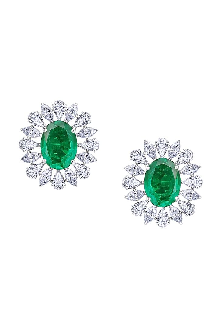 White Finish Oval-Cut Emerald Stone & Swarovski Zirconia Earrings In Sterling Silver by Diosa Paris Jewellery at Pernia's Pop Up Shop