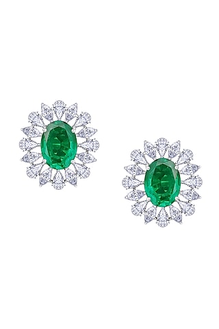 White Finish Oval-Cut Emerald Stone & Swarovski Zirconia Earrings In Sterling Silver by Diosa Paris Jewellery