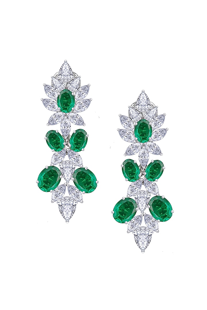 White Finish Emerald Stone & Swarovski Zirconia Chandelier Earrings In Sterling Silver by Diosa Paris Jewellery at Pernia's Pop Up Shop