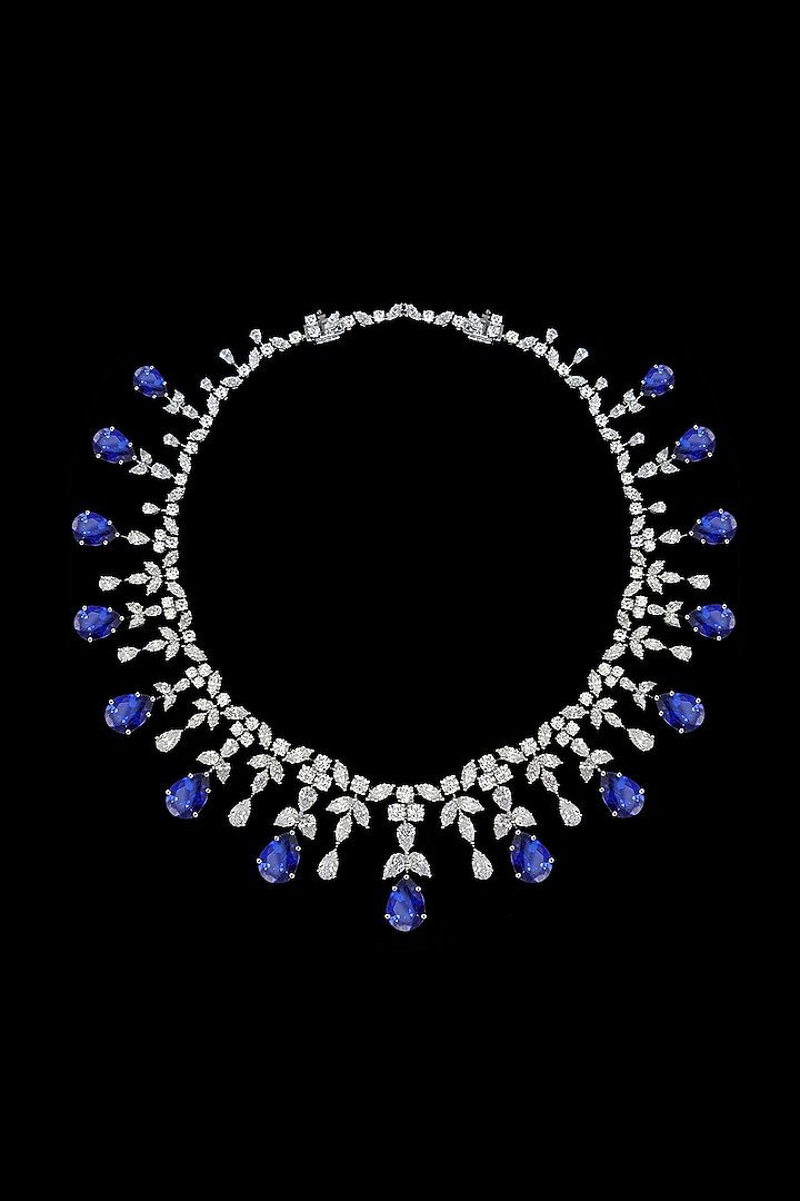 White Finish Mix-Shaped Sapphire Stone & Swarovski Zirconia Necklace In Sterling Silver by Diosa Paris Jewellery at Pernia's Pop Up Shop