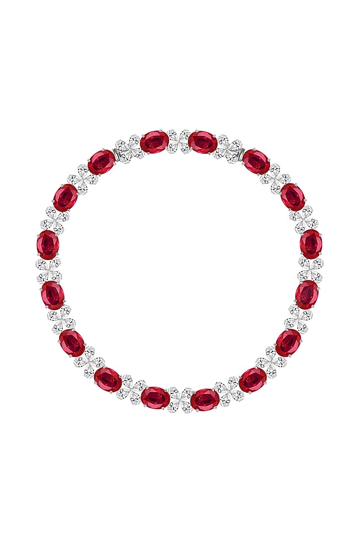 White Finish Mix-Shaped Ruby Stone & Swarovski Zirconia Necklace In Sterling Silver by Diosa Paris Jewellery at Pernia's Pop Up Shop