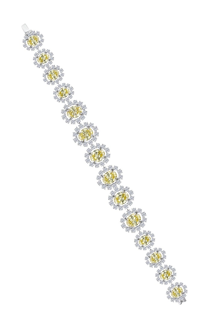 White FInish Yellow & White Swarovski Zirconia Cuff Bracelet In Sterling Silver by Diosa Paris Jewellery at Pernia's Pop Up Shop