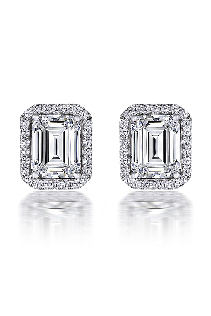 White Finish Emerald-Shaped Swarovski Zirconia Halo Stud Earrings In Sterling Silver by Diosa Paris Jewellery at Pernia's Pop Up Shop