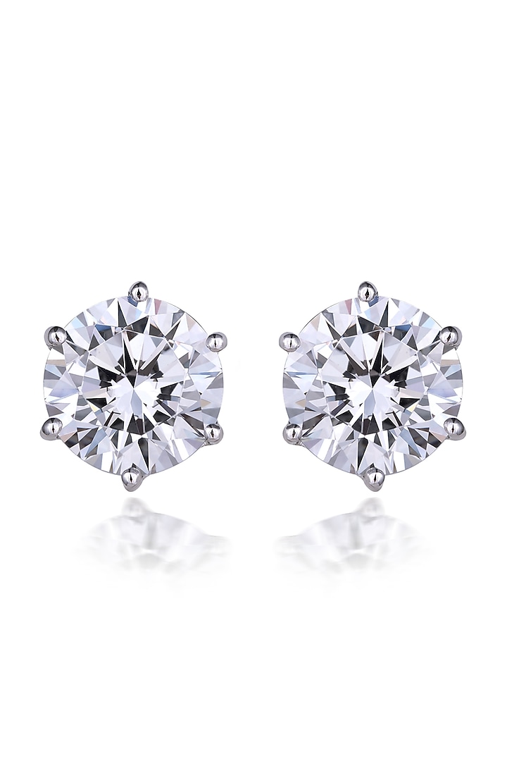 White Finish Round-Shaped Swarovski Zirconia Solitaire Stud Earrings In Sterling Silver by Diosa Paris Jewellery at Pernia's Pop Up Shop
