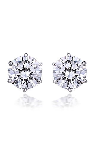 White Finish Round-Shaped Swarovski Zirconia Solitaire Stud Earrings In Sterling Silver by Diosa Paris Jewellery