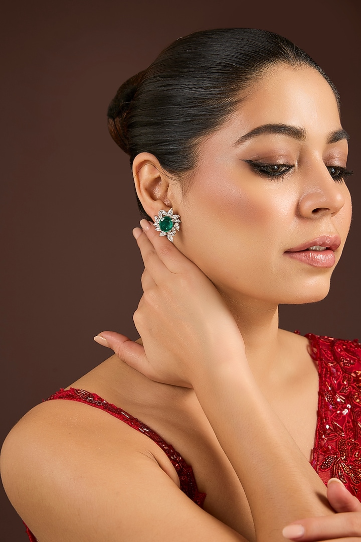 White Finish Zircon & Emerald Stud Earrings In Sterling Silver by Diosa Paris Jewellery at Pernia's Pop Up Shop