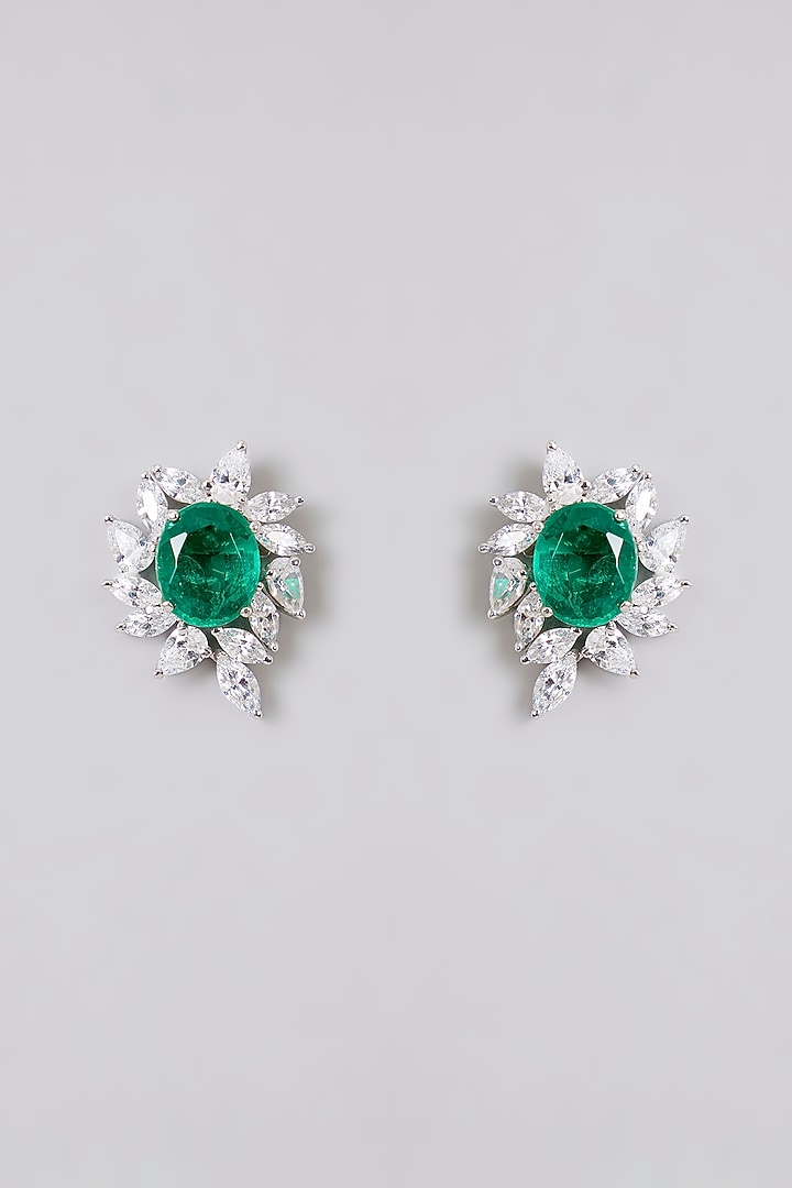 White Finish Zircon & Emerald Stud Earrings In Sterling Silver by Diosa Paris Jewellery at Pernia's Pop Up Shop