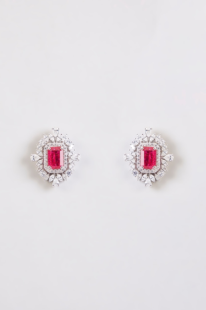 White Finish Zircon & Red Stone Stud Earrings In Sterling Silver by Diosa Paris Jewellery at Pernia's Pop Up Shop