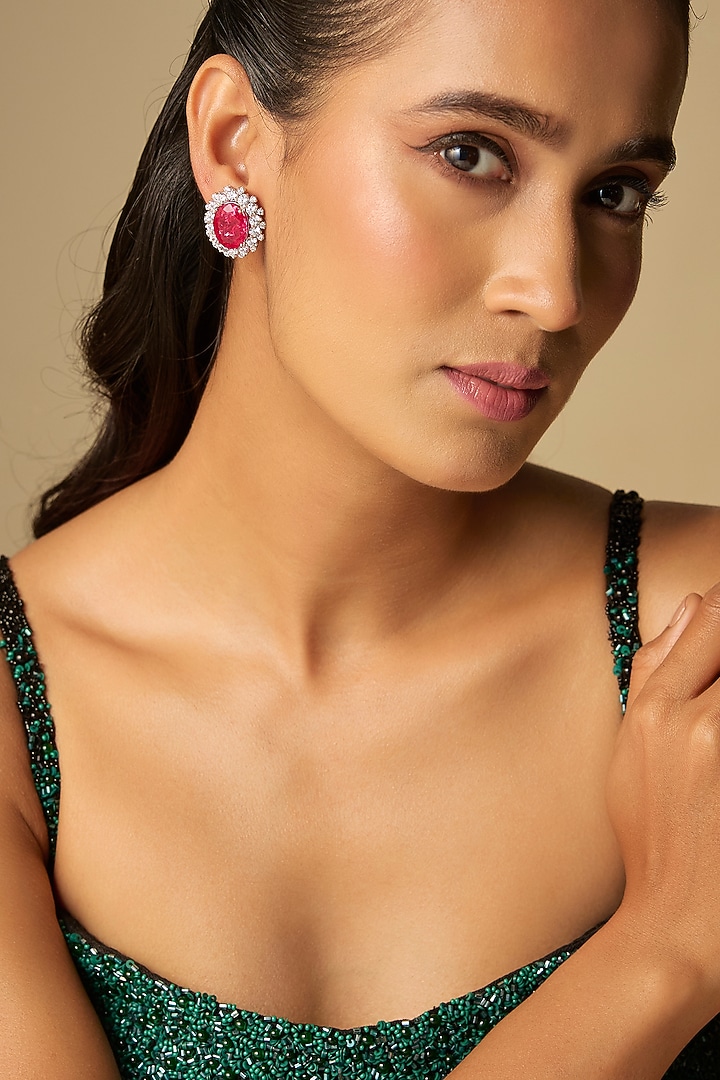 White Finish Red Stone Stud Earrings In Sterling Silver by Diosa Paris Jewellery at Pernia's Pop Up Shop