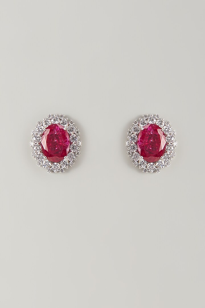 White Finish Red Stone Stud Earrings In Sterling Silver by Diosa Paris Jewellery at Pernia's Pop Up Shop