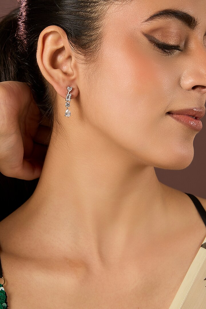 White Finish Zircon Dangler Earrings In Sterling Silver by Diosa Paris Jewellery at Pernia's Pop Up Shop