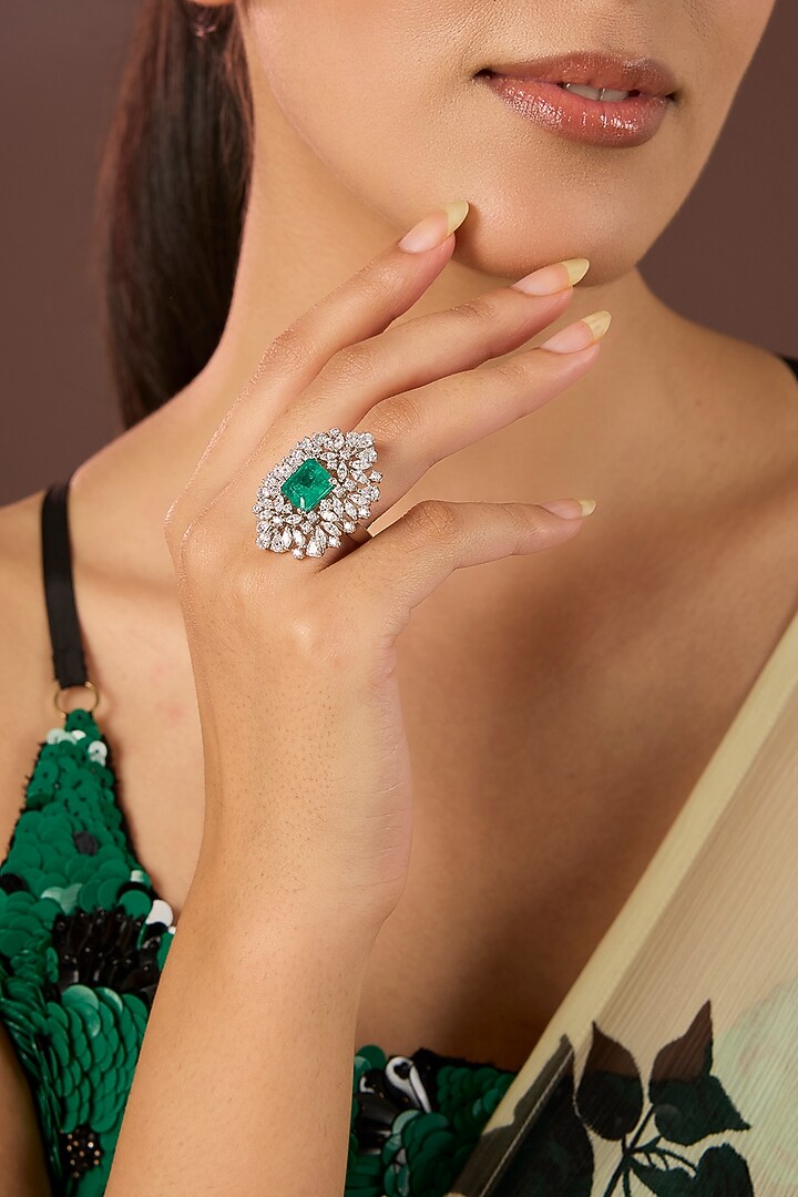 White Finish Zircon & Green Stone Ring In Sterling Silver by Diosa Paris Jewellery at Pernia's Pop Up Shop