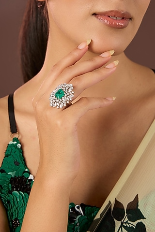 White Finish Zircon & Green Stone Ring In Sterling Silver by Diosa Paris Jewellery