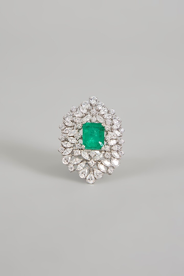 White Finish Zircon & Green Stone Ring In Sterling Silver by Diosa Paris Jewellery at Pernia's Pop Up Shop