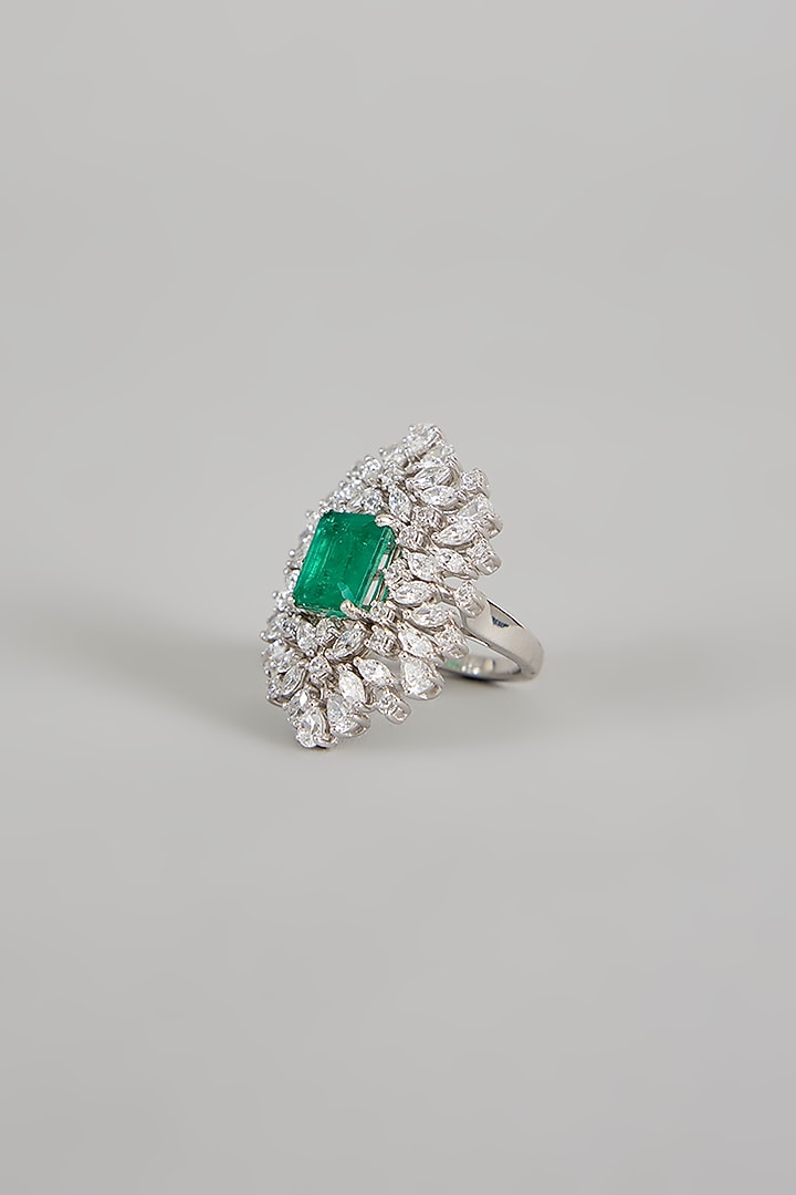 White Finish Zircon & Green Stone Ring In Sterling Silver by Diosa Paris Jewellery at Pernia's Pop Up Shop