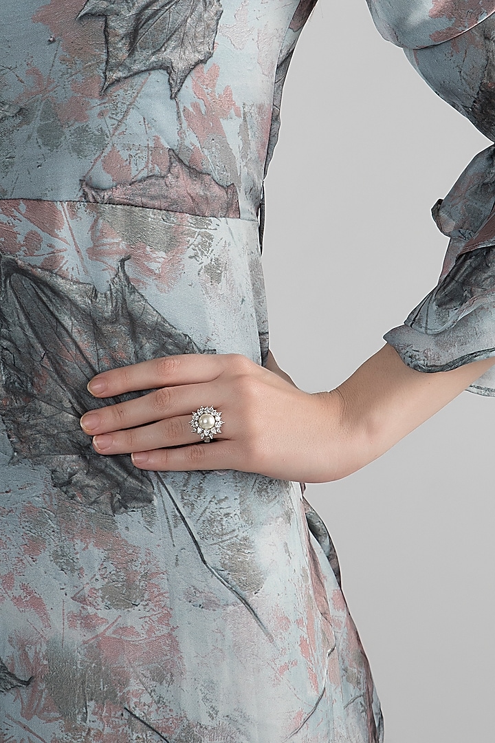 White Finish Swarovski & Pearl Ring by Diosa Paris Jewellery at Pernia's Pop Up Shop