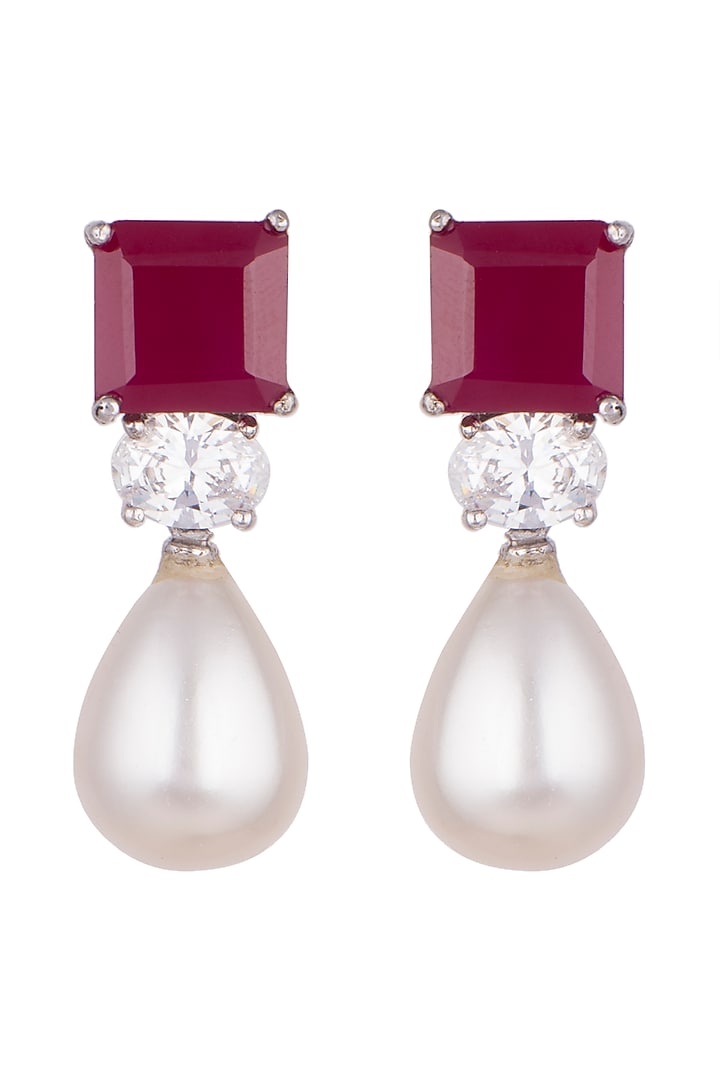 White Finish Pearl & Red Swarovski Earrings by Diosa Paris Jewellery at Pernia's Pop Up Shop