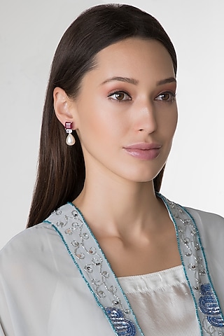 White Finish Pearl & Red Swarovski Earrings by Diosa Paris Jewellery