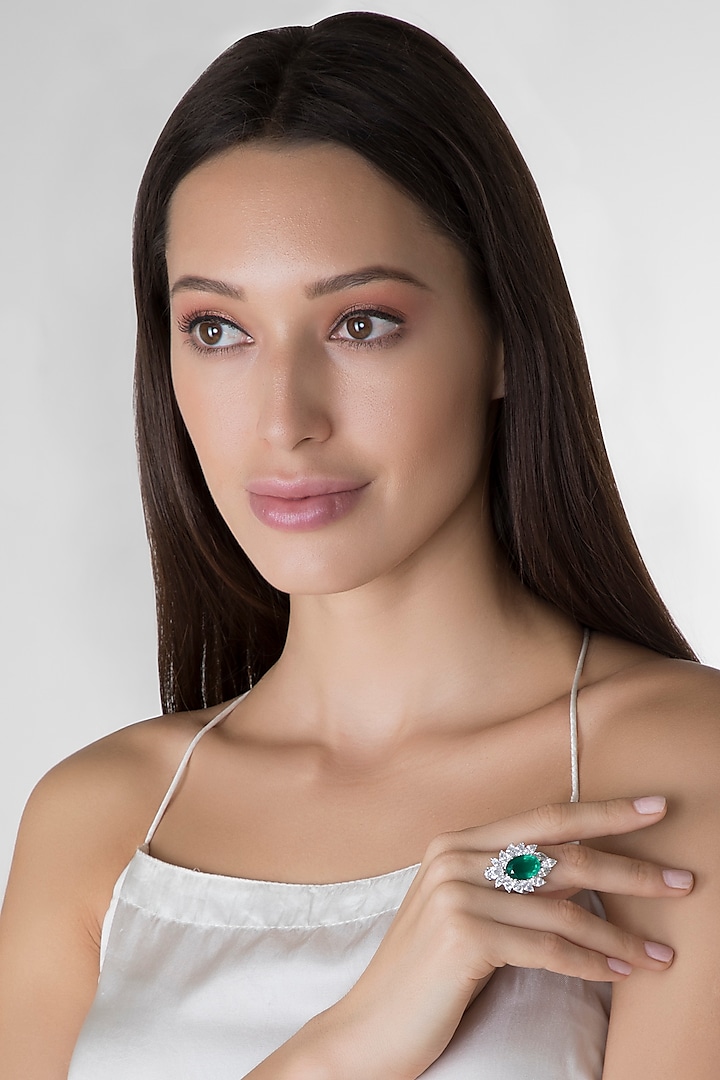 White Finish Green Crystal & Swarovski Ring by Diosa Paris Jewellery