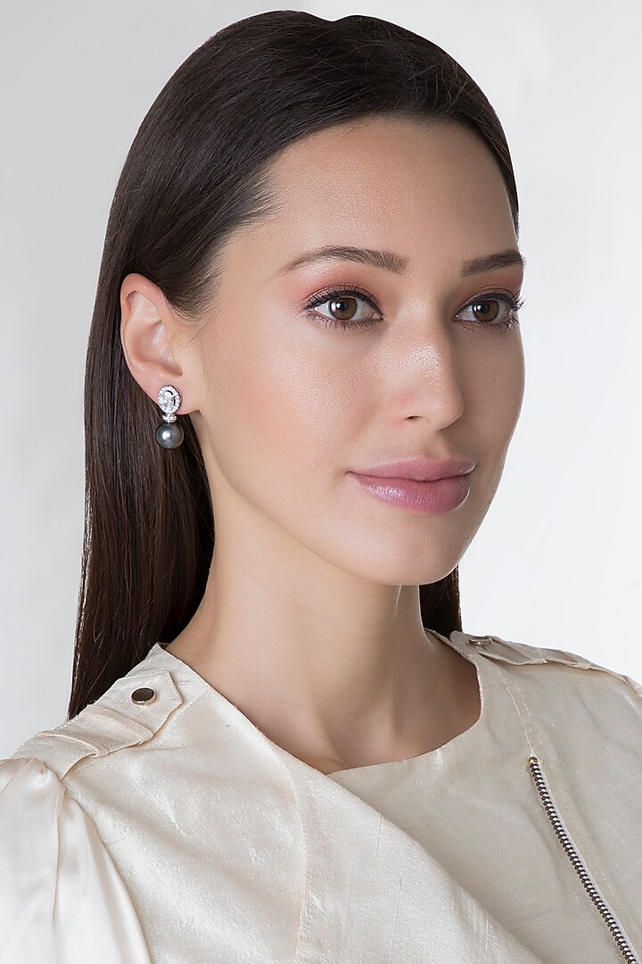 White Finish Oval Swarovski & Pearl Earrings by Diosa Paris Jewellery at Pernia's Pop Up Shop