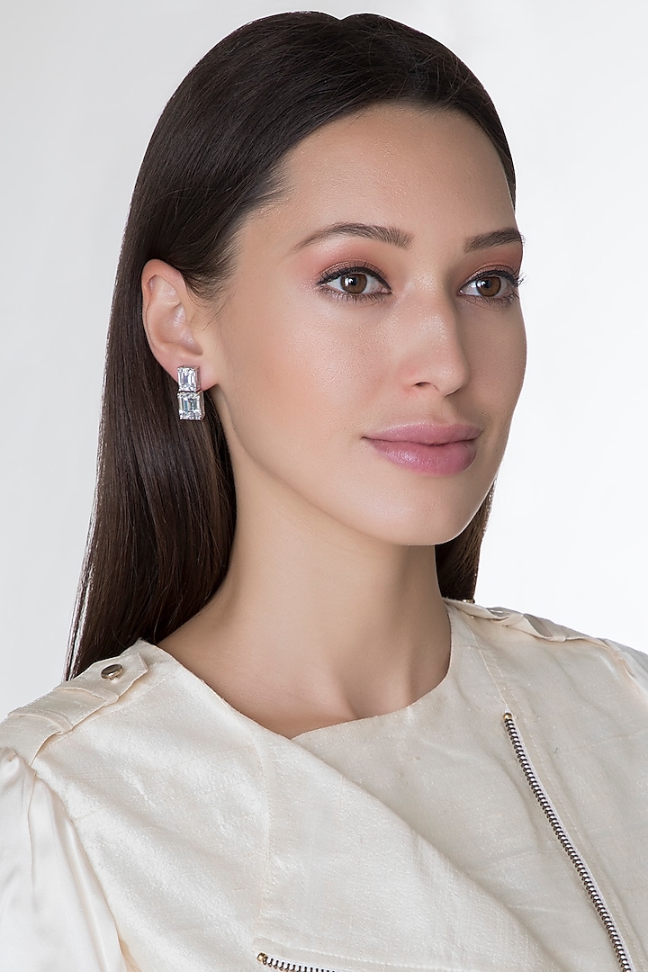 White Finish Princess Cut Swarovski Zirconia Earrings by Diosa Paris Jewellery