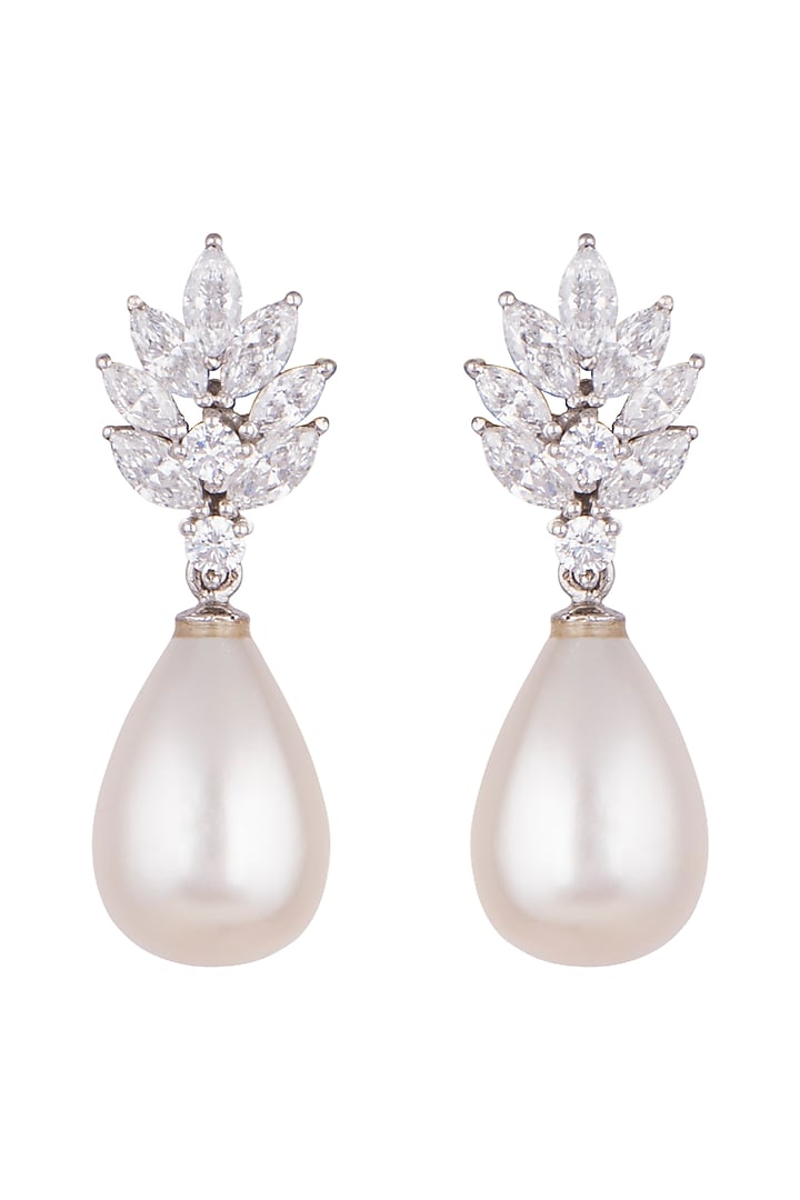 White Finish Pearl & Swarovski Zirconia Earrings by Diosa Paris Jewellery at Pernia's Pop Up Shop
