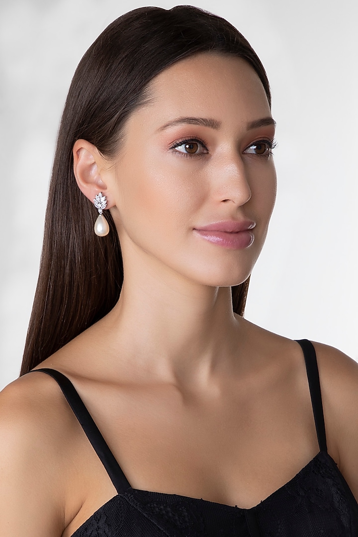 White Finish Pearl & Swarovski Zirconia Earrings by Diosa Paris Jewellery at Pernia's Pop Up Shop